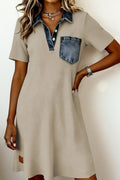 Beige Short Sleeve Ribbed Knit Denim Patchwork Polo Collar Dress I am a Fashion Junky