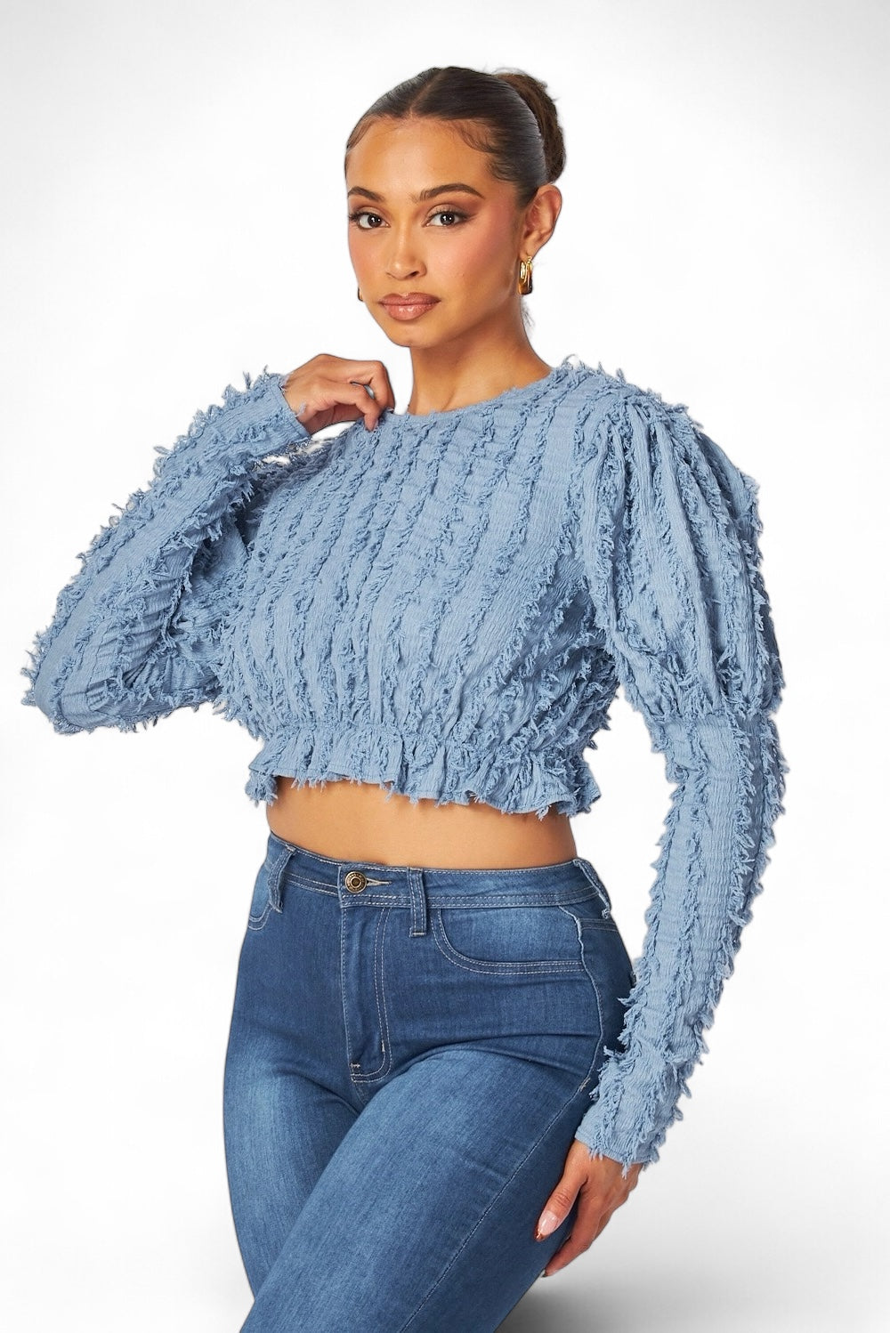 Alexandria Puff Long Sleeve Shaggy Peplum Crop Top The House of Stylez