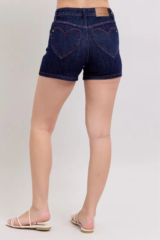 Judy Blue Full Size High Waist Heart Shaped Pkts & Red Contrast Thread Denim Shorts Plus Size Coco’s Tee Boutique