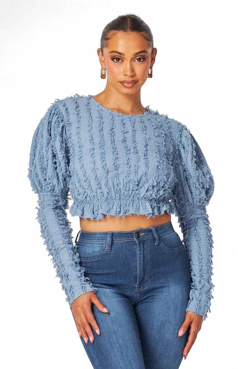 Alexandria Puff Long Sleeve Shaggy Peplum Crop Top The House of Stylez