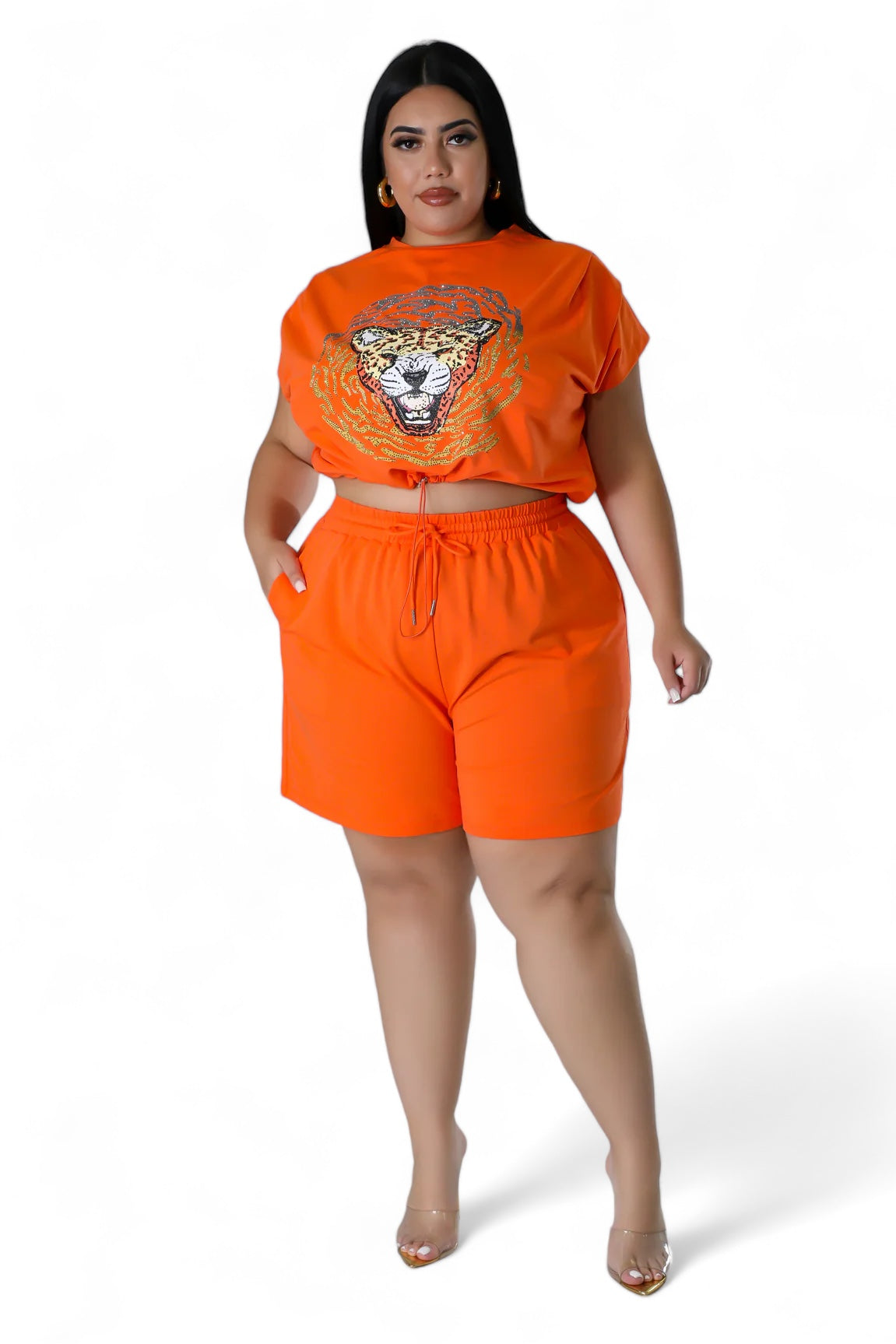 Curvy Two Piece Glitter Tiger Biker Short Set The House of Stylez