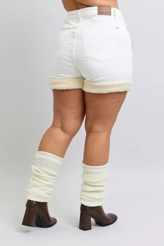 Judy Blue Full Size High Waist Shearling Cuff Denim Shorts Plus Size Selvanelle