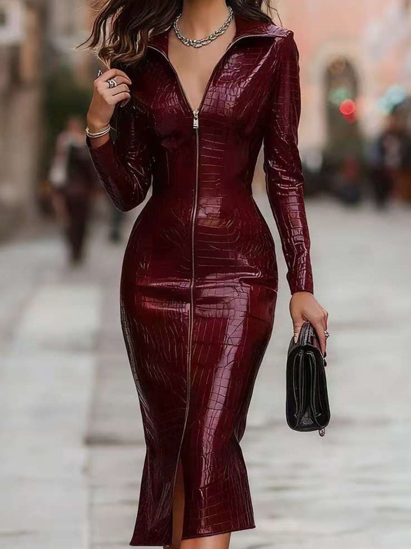 Full Size Crocodile Embossed Zipper Front Bodycon Midi Dress Plus Size Shopimist