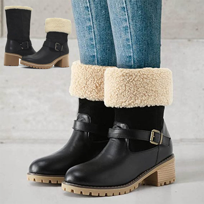 Women's Buckle Chunky Heel Western Boots | Warm Winter Round-Toe Mid Boots Sarah Express