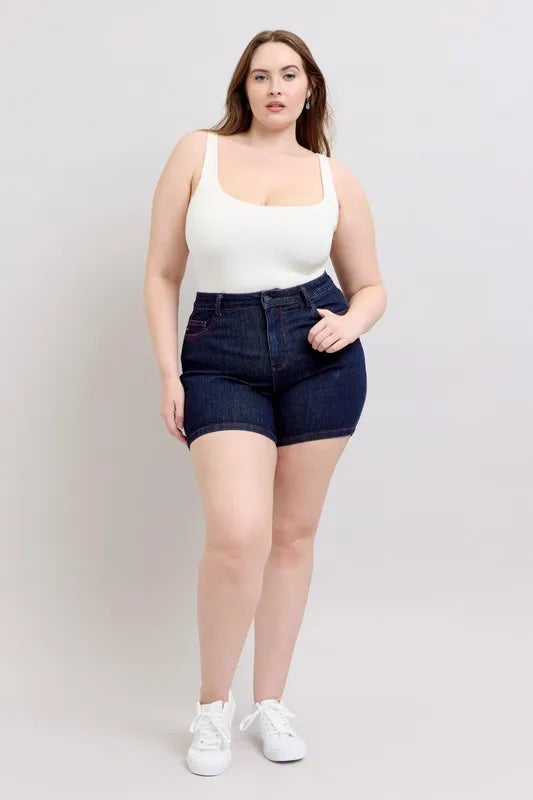 Judy Blue Full Size High Waist Heart Shaped Pkts & Red Contrast Thread Denim Shorts Plus Size Coco’s Tee Boutique