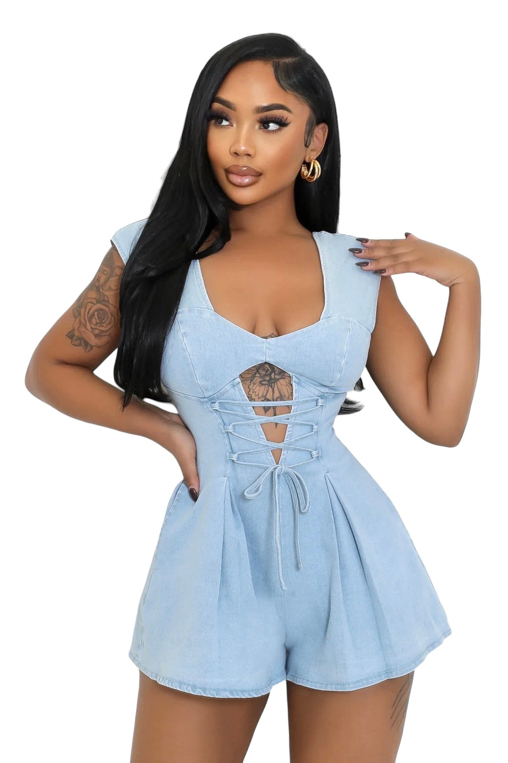 Denim Cut Out Lace Up Romper The House of Stylez