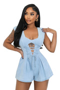 Denim Cut Out Lace Up Romper The House of Stylez