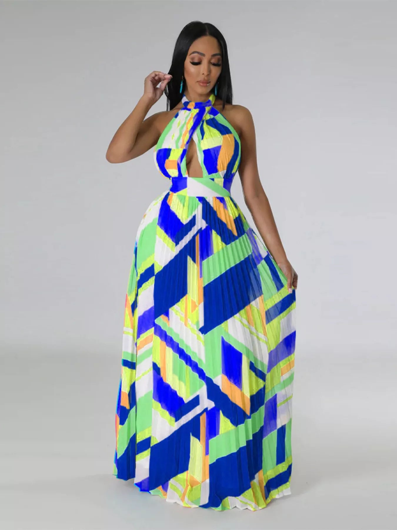 Halter Neck Geometric Print Pleated Maxi Dress Shopimist