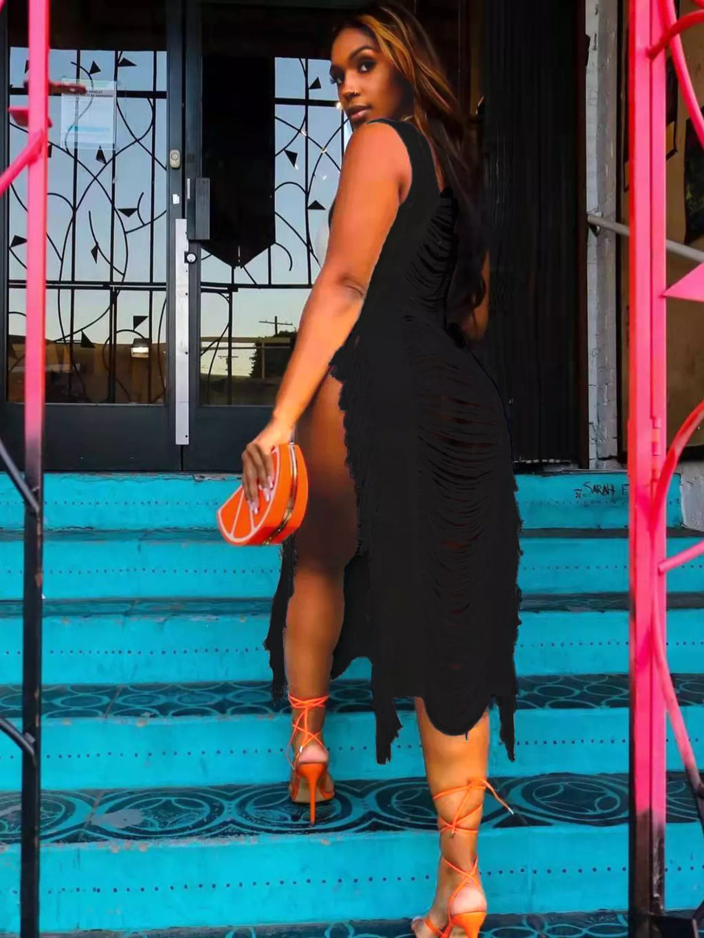 Fringe Split Square Neck Midi Dress Shopimist