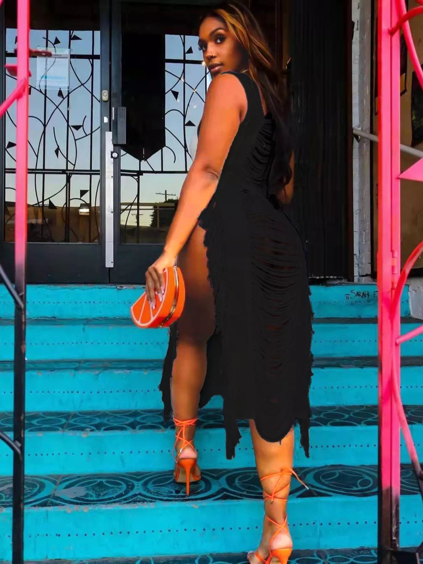 Fringe Split Square Neck Midi Dress Shopimist