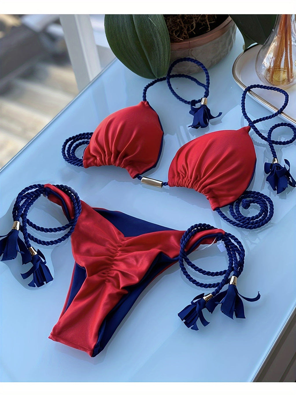 New Festival Flame Halter Bikini Set for Women – Triangle V-Neck Backless Two-Piece Swimsuit with Tie Side Bottoms & Adjustable Lace-Up Fit – Sleek Polyamide Swimwear for Koningsdag/King’s Day & Summer Beach Celebrations Stevvex
