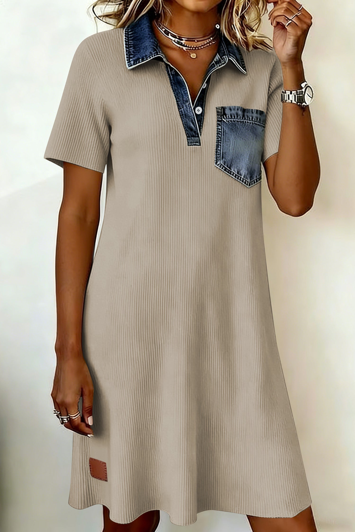 Beige Short Sleeve Ribbed Knit Denim Patchwork Polo Collar Dress I am a Fashion Junky