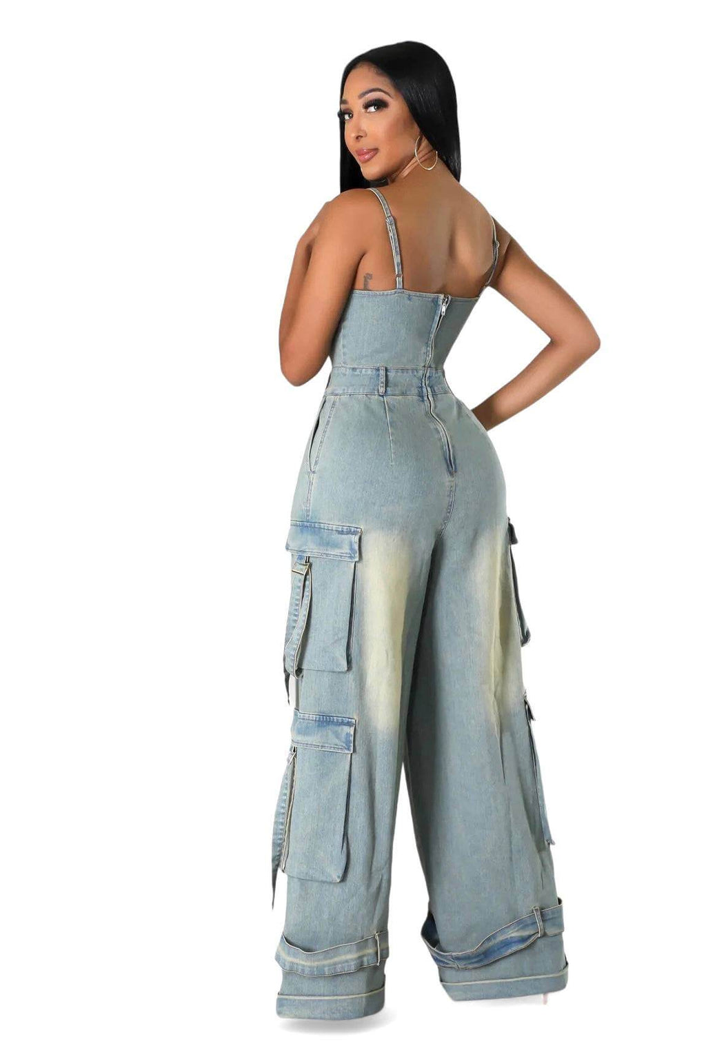 Dirty Wash Denim Jean Cargo Jumpsuit The House of Stylez