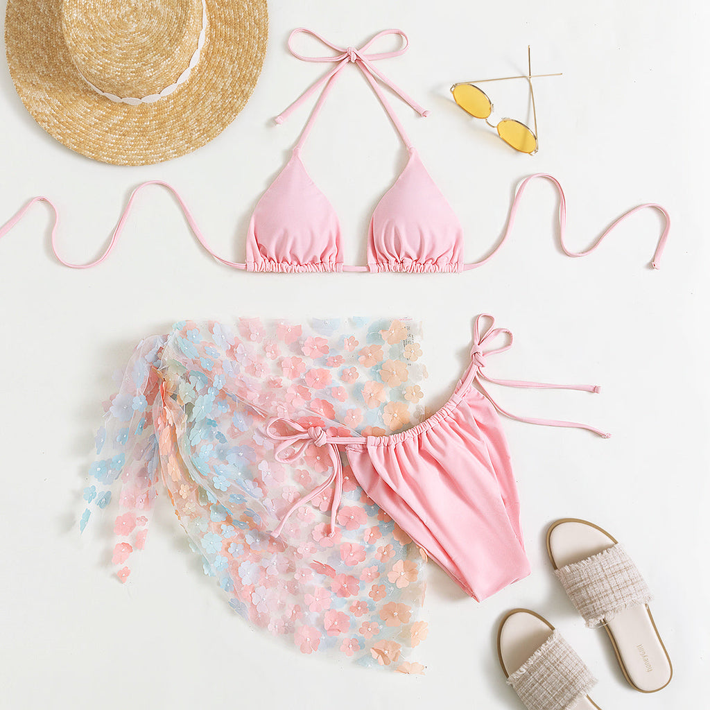 Bikini Swimsuit Women Three-Piece Suit Sexy Bikini Halter Lace-up Floral Gauze Skirt Swimsuit Bella Mia