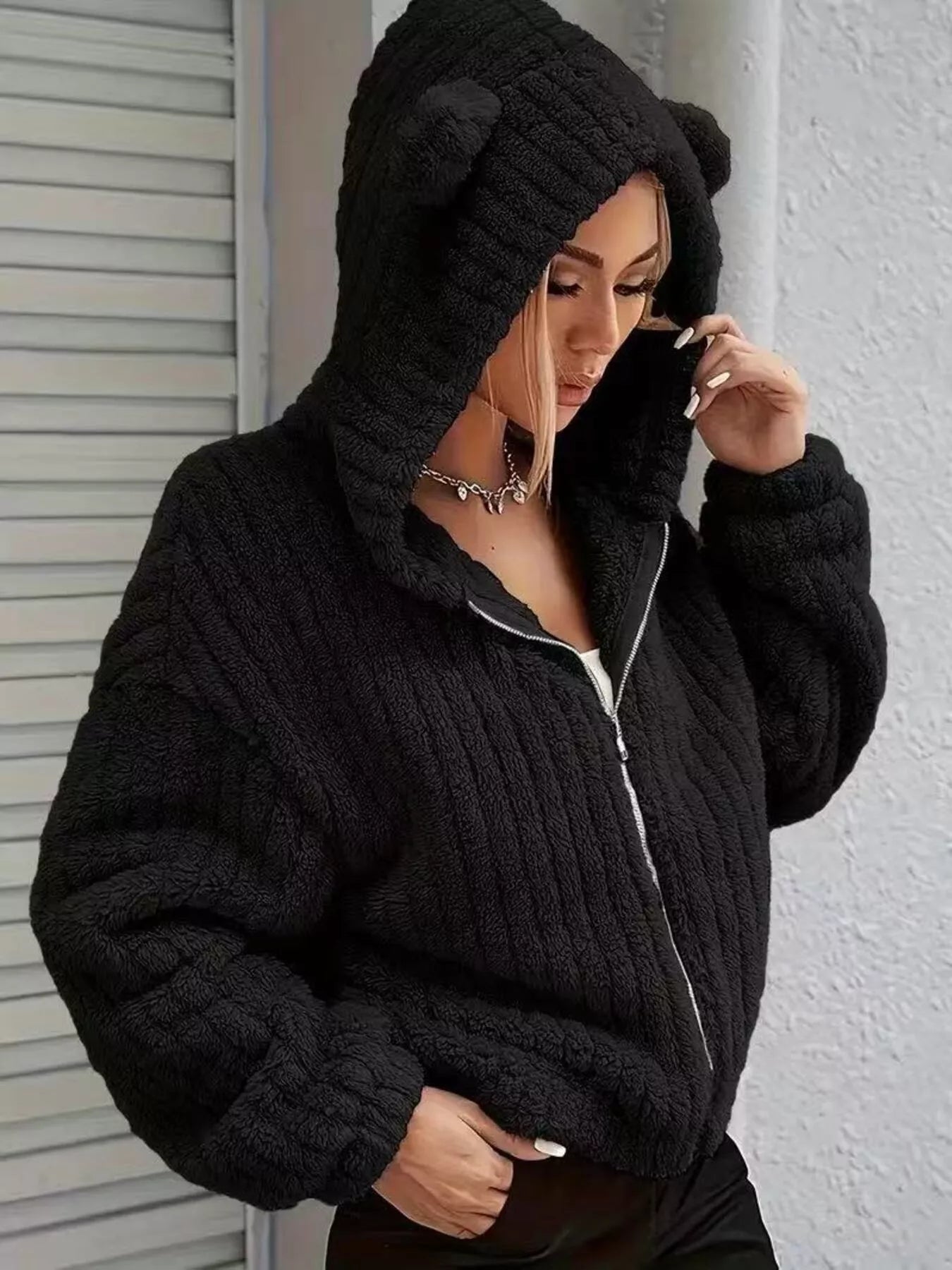 Teddy Bear Ear Hooded Fleece Outerwear Shopimist