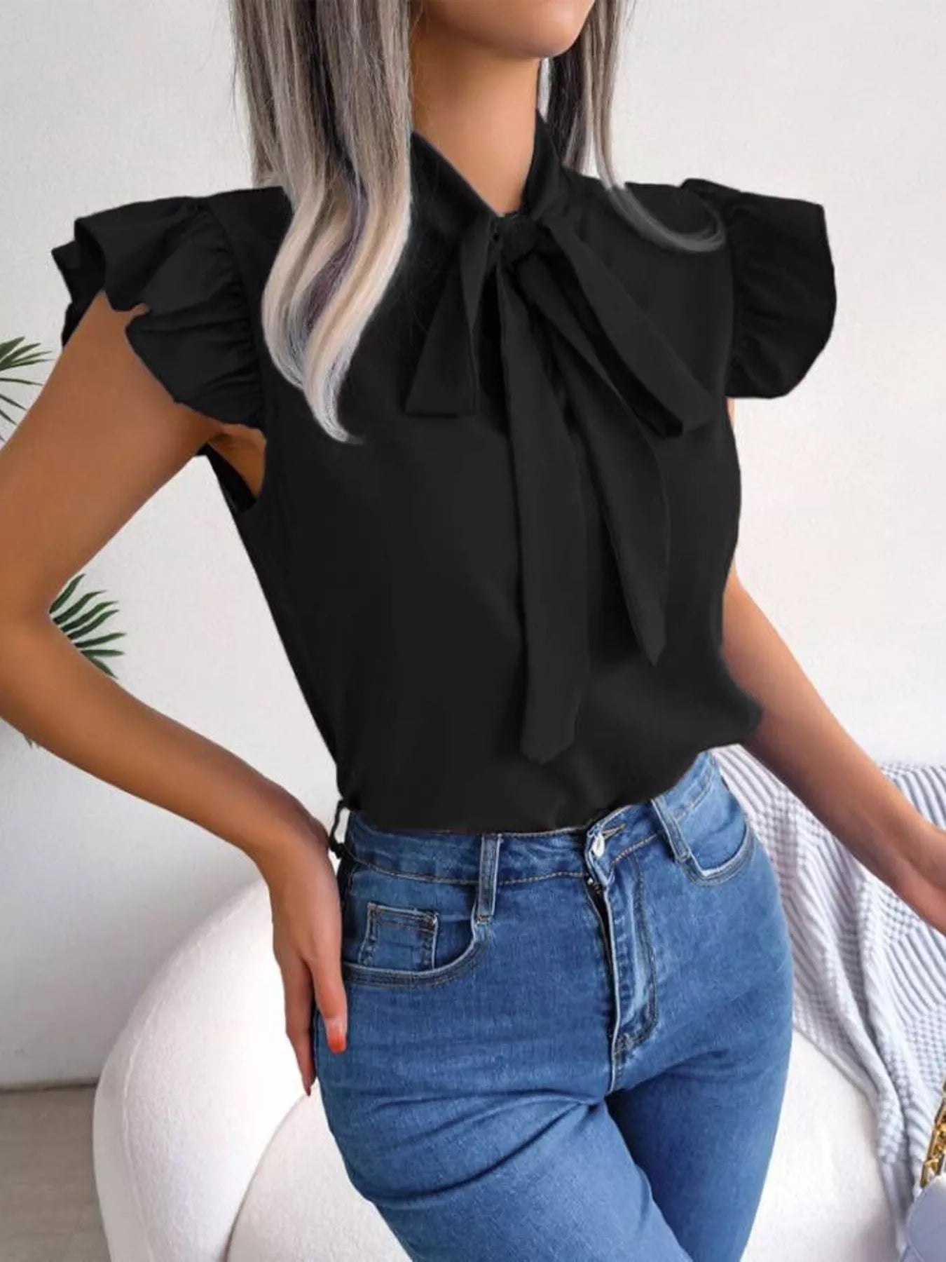 Bow Tie Ruffle Sleeve Blouse Berry Charmz