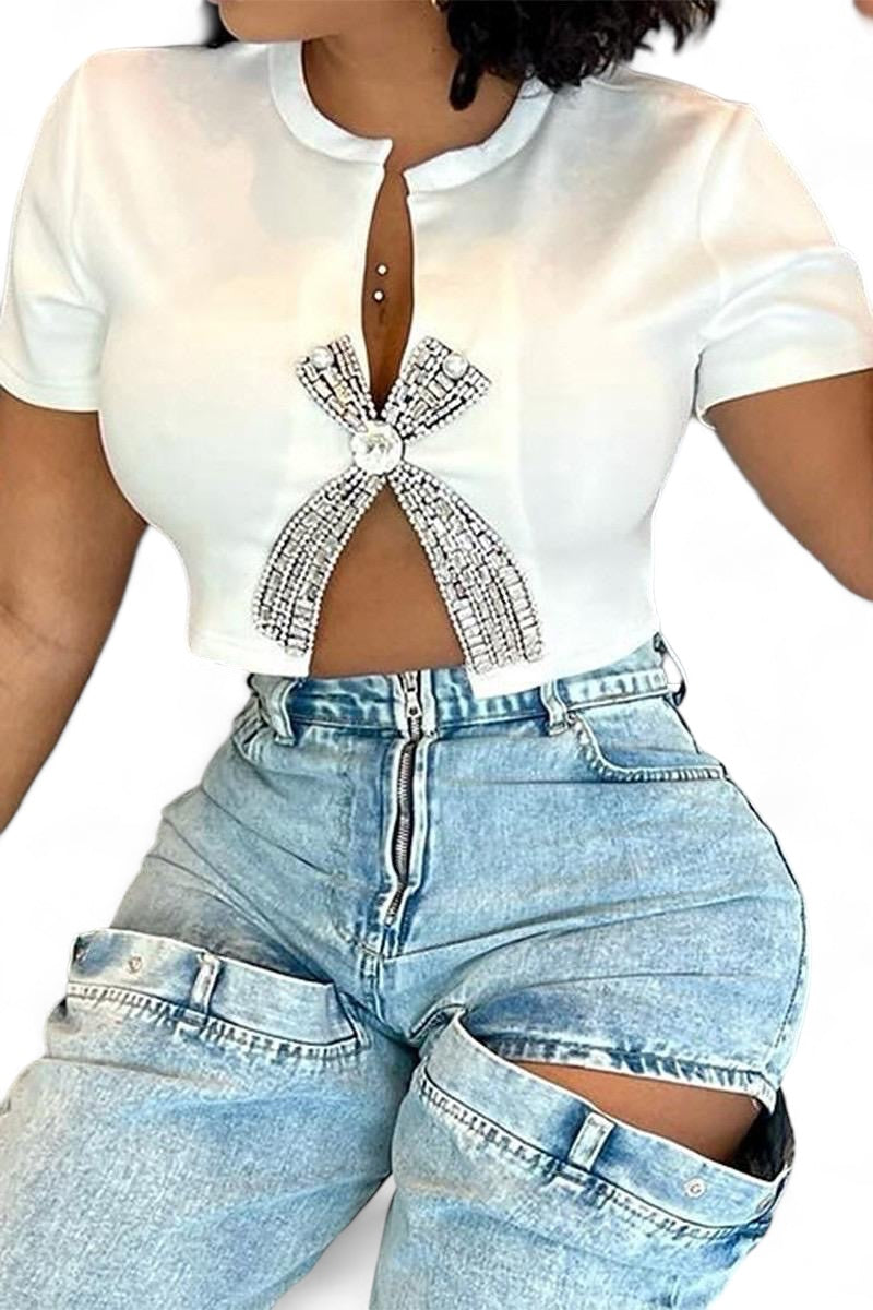 Rhinestone Front Split Open Crop T-Shirt The House of Stylez