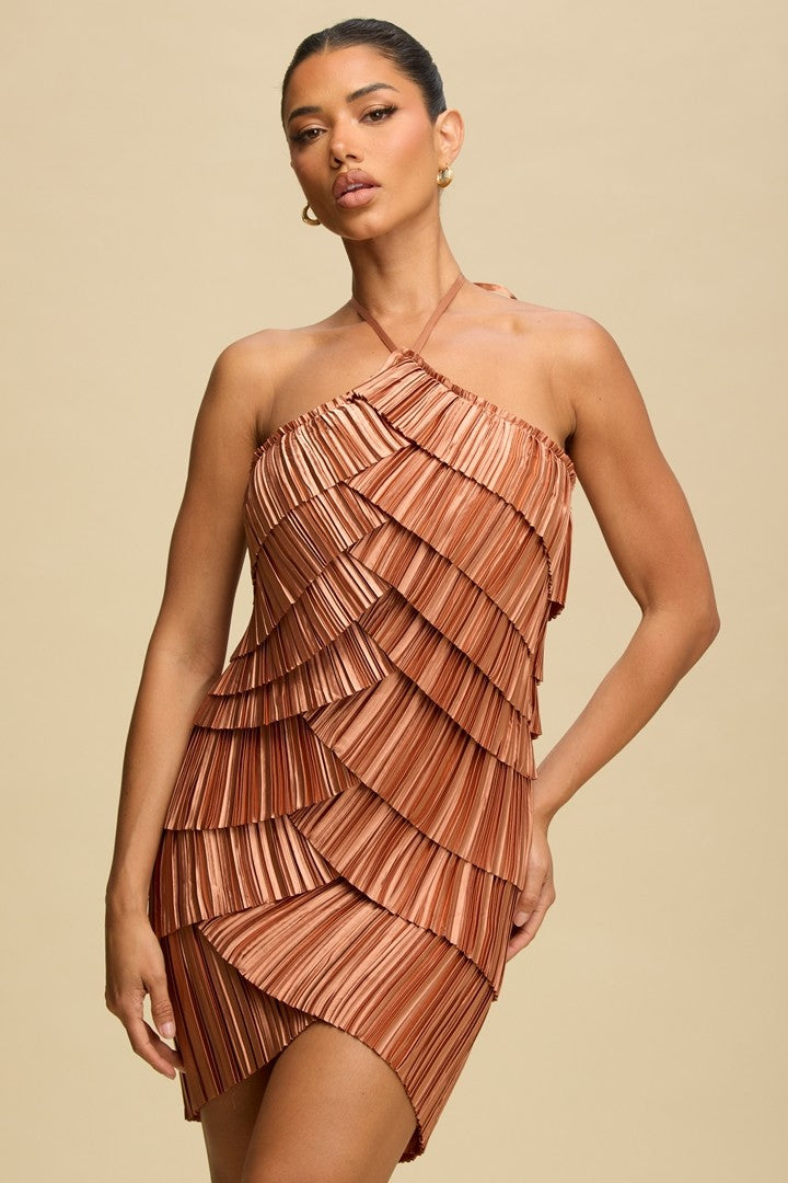 Havana Dates Pleated Layered Mini Dress- Copper S&E Retail Expo