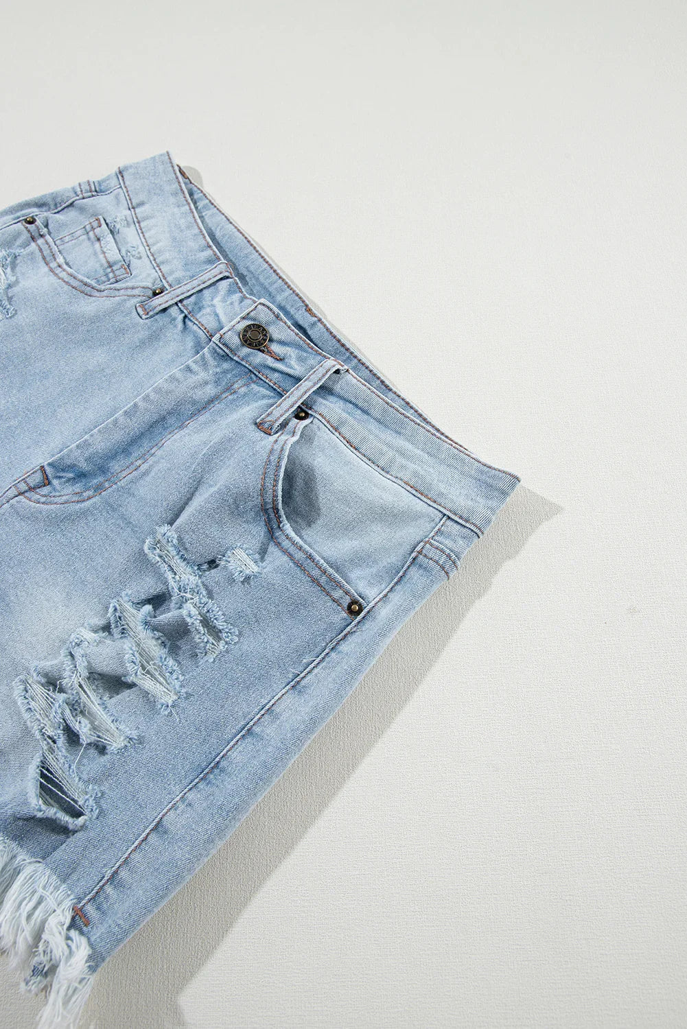 Light Blue Distressed Ripped Raw Hem High Waist Denim Shorts Femstylo