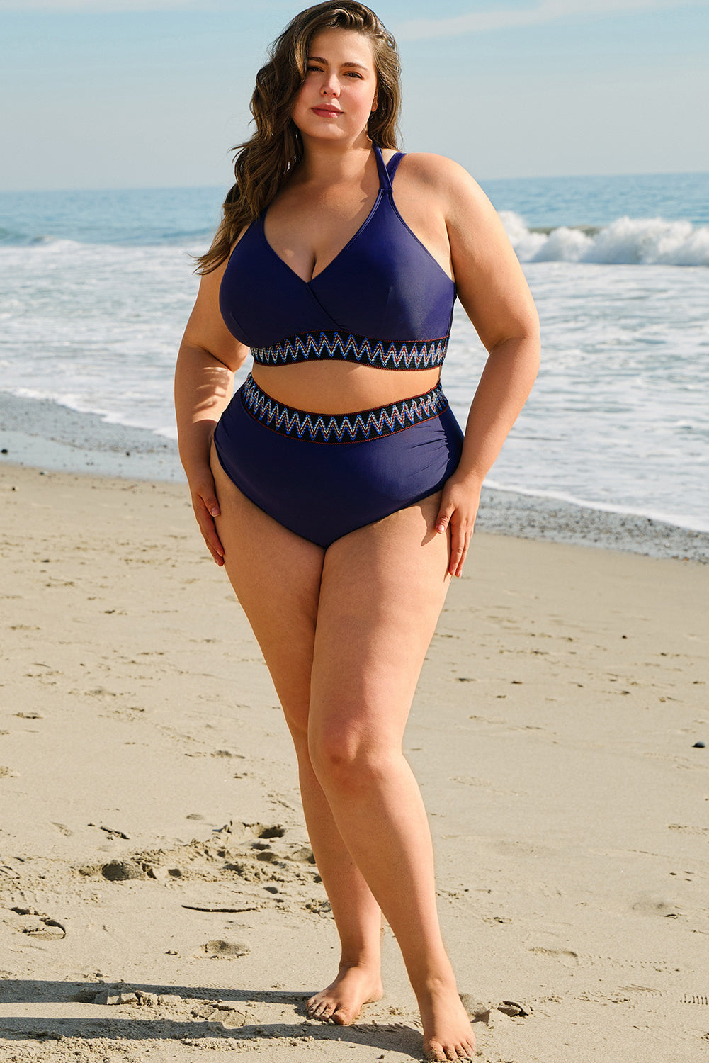 Navy Blue Embroidered Trim Wrap Tie Knot Plus Size High Waisted Bikini Wild and Free Boutique