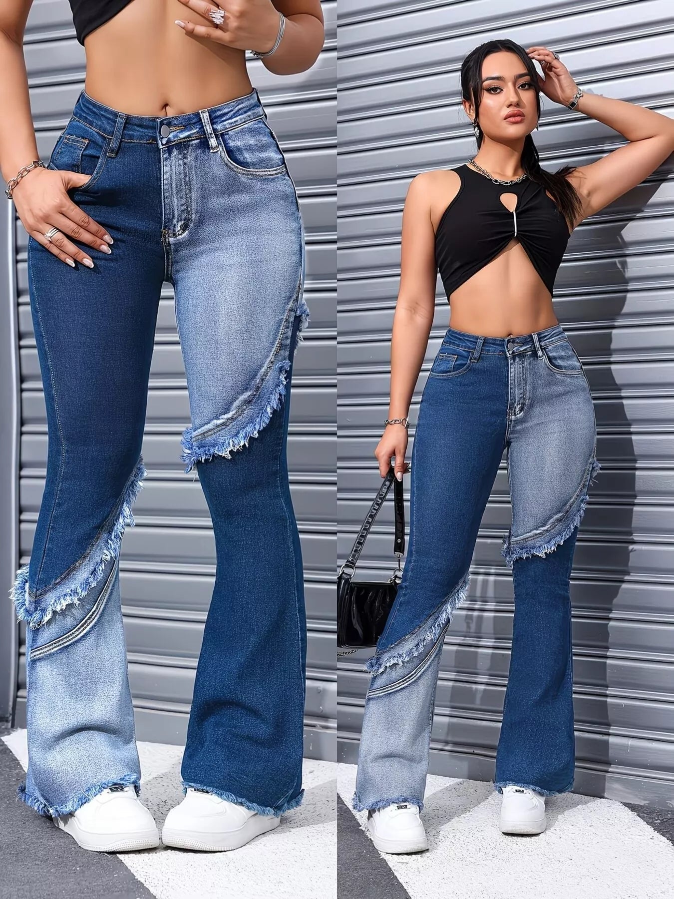 Two Tone Frayed Hem Flare Jeans Shopimist