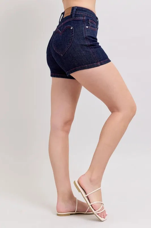 Judy Blue Full Size High Waist Heart Shaped Pkts & Red Contrast Thread Denim Shorts Plus Size Coco’s Tee Boutique