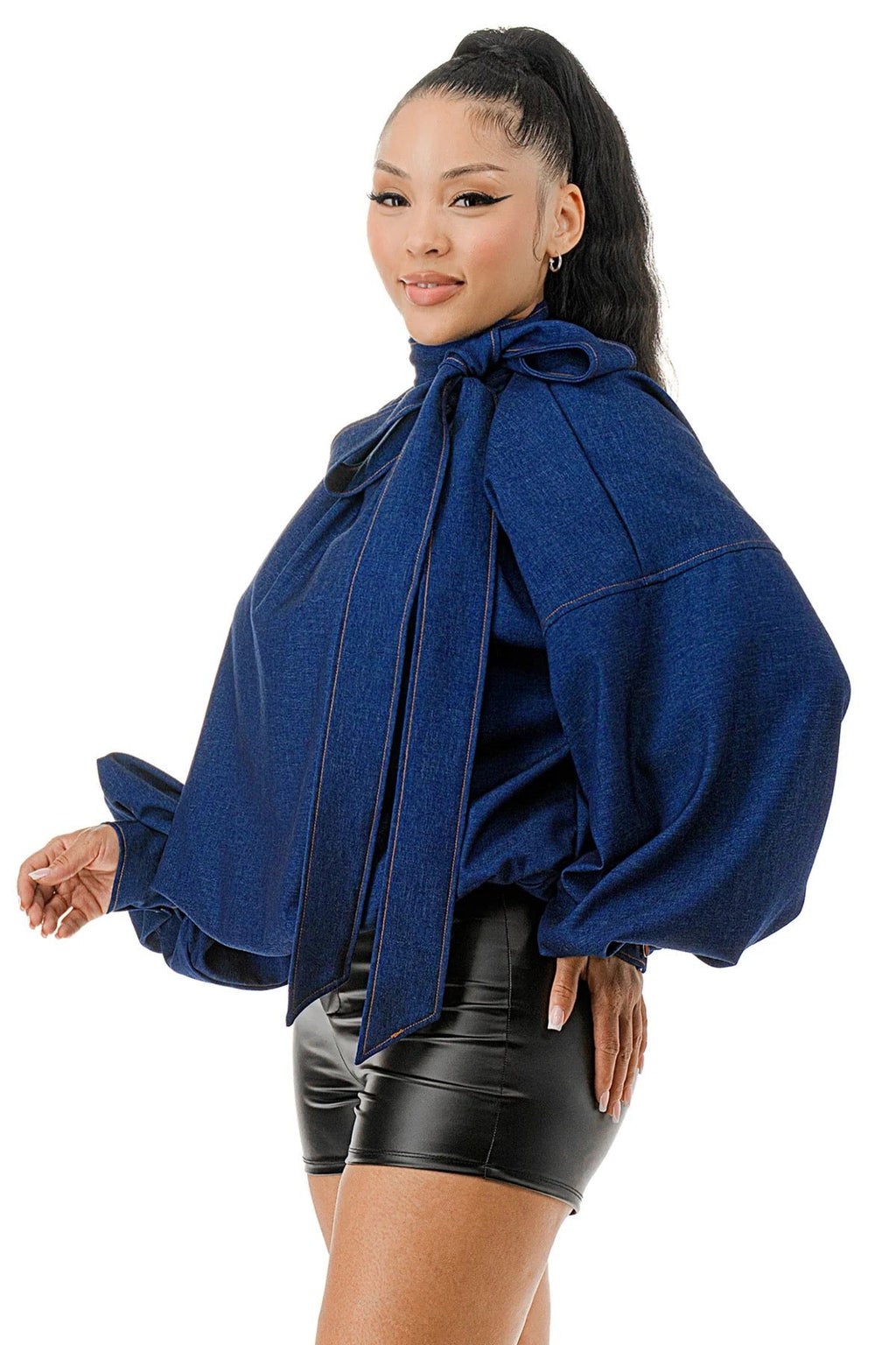 Mock Neck with Tie Puff Long Sleeve Bubble Hem Denim Blouse Top {fits oversized} The House of Stylez