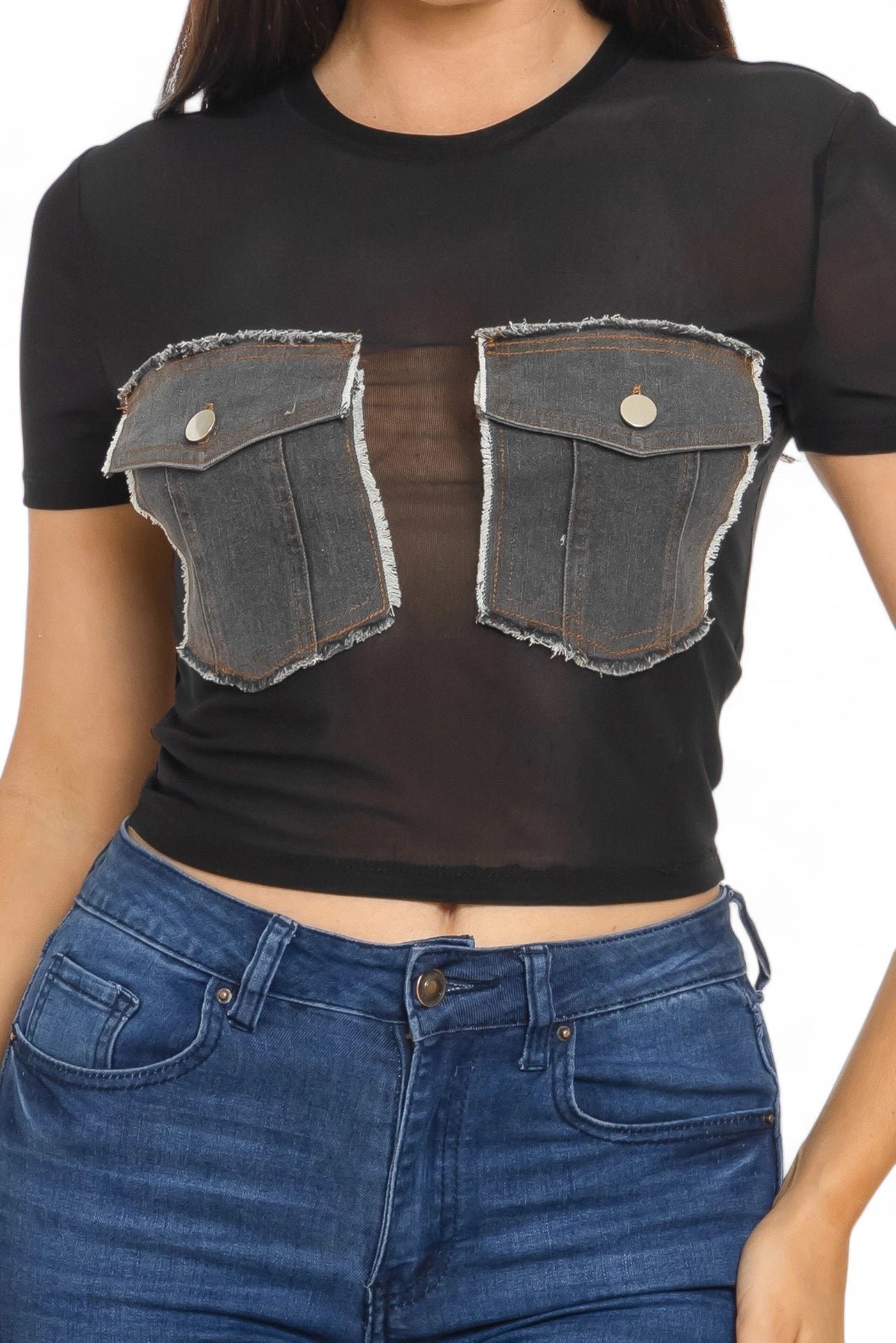 Mesh Front Denim Distressed Button Pockets Top {See Thru} The House of Stylez