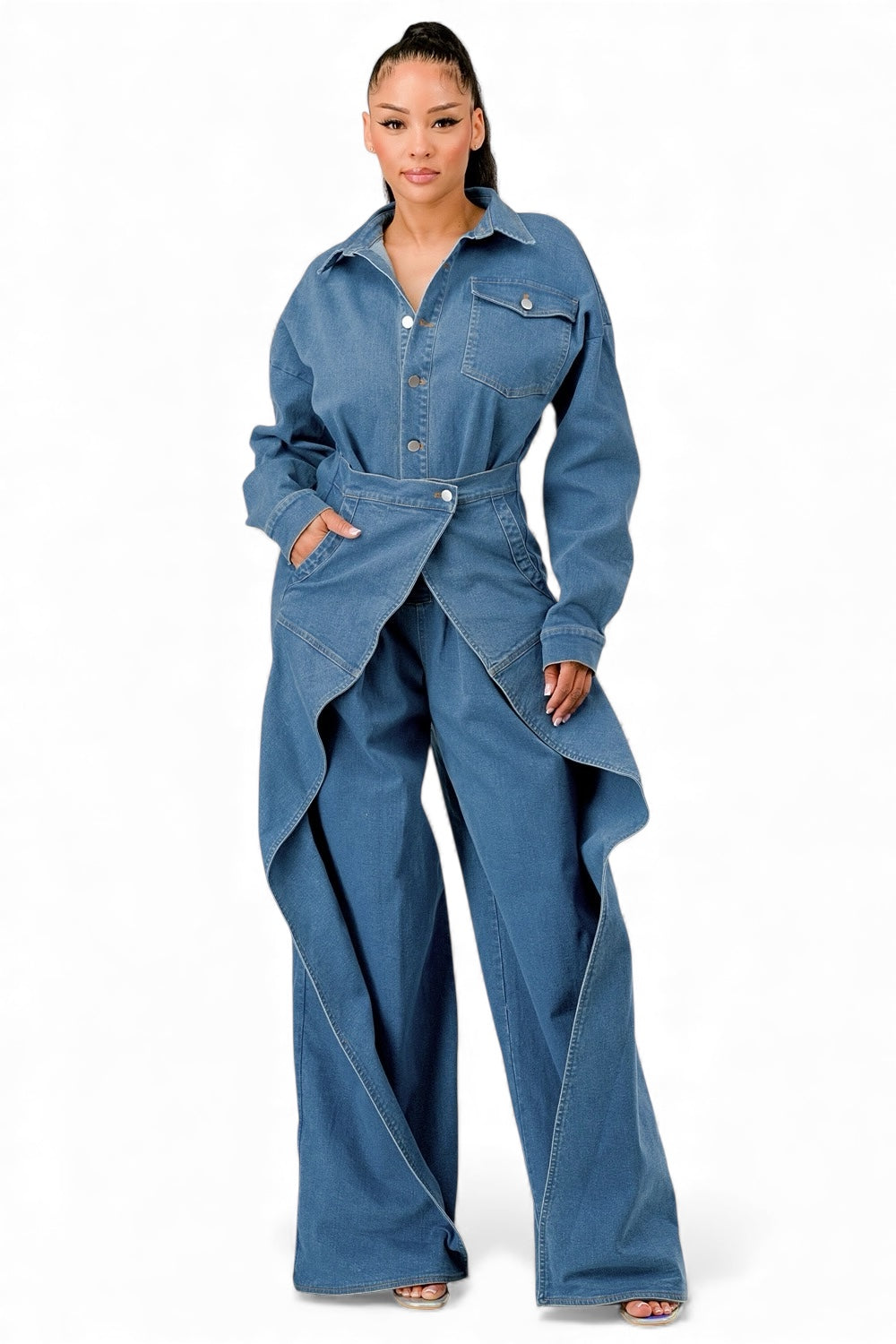 Denim Draped Wide-Leg Jumpsuit The House of Stylez