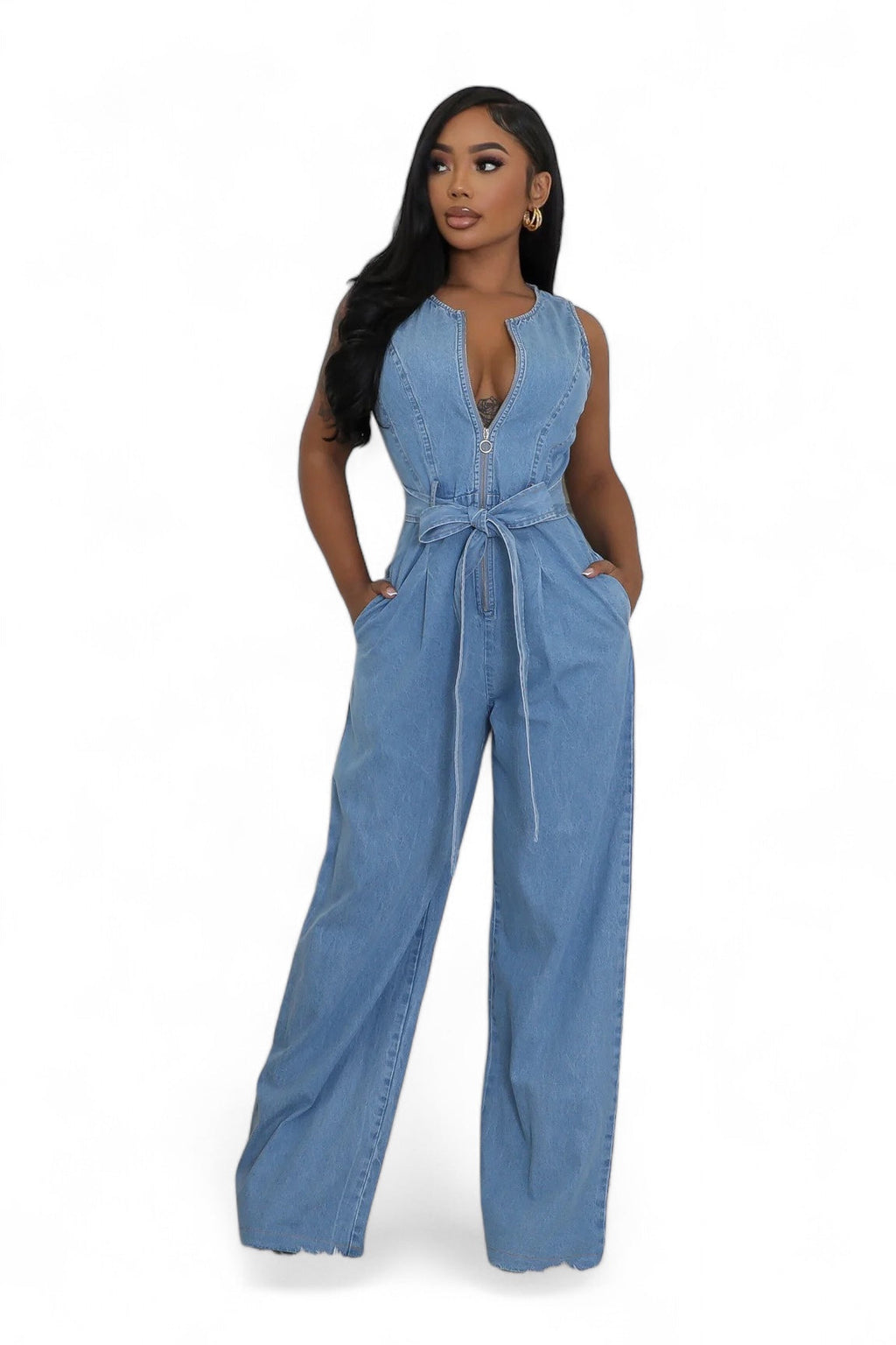 Denim Front Zipper Wide Leg Jumpsuit The House of Stylez