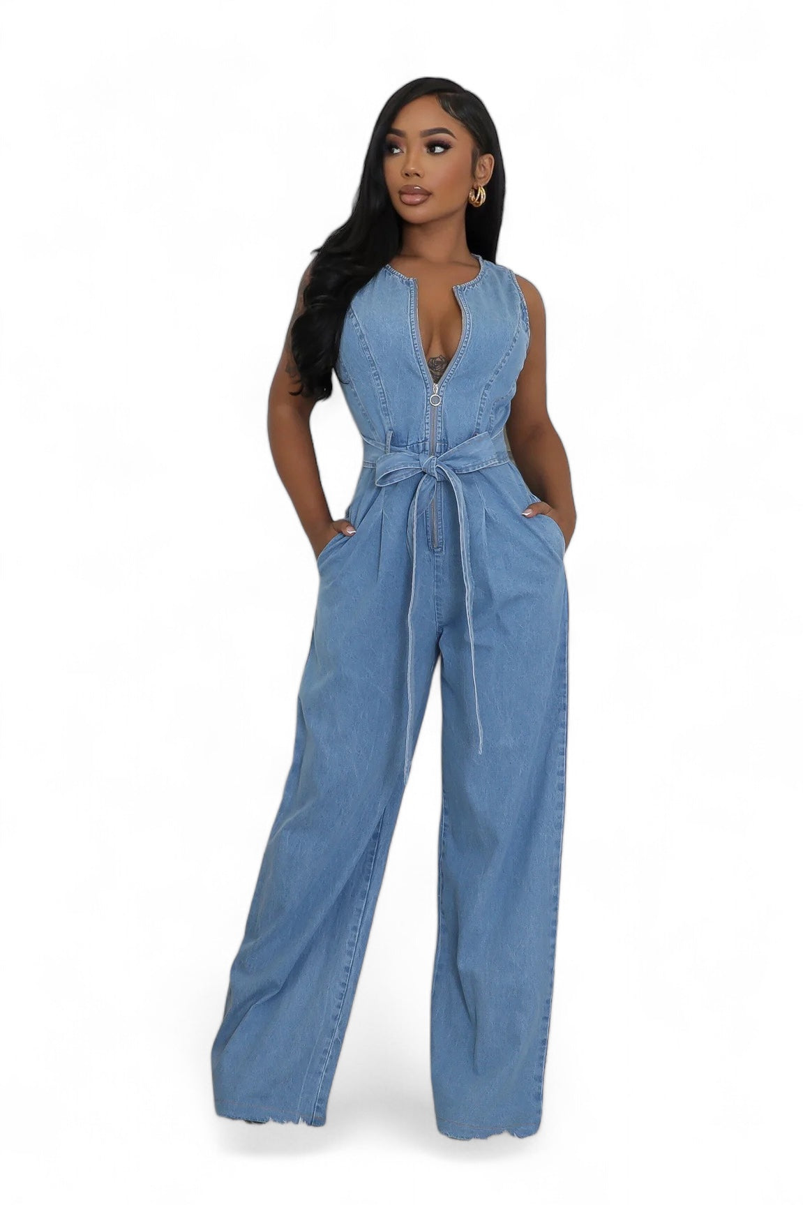 Denim Front Zipper Wide Leg Jumpsuit The House of Stylez
