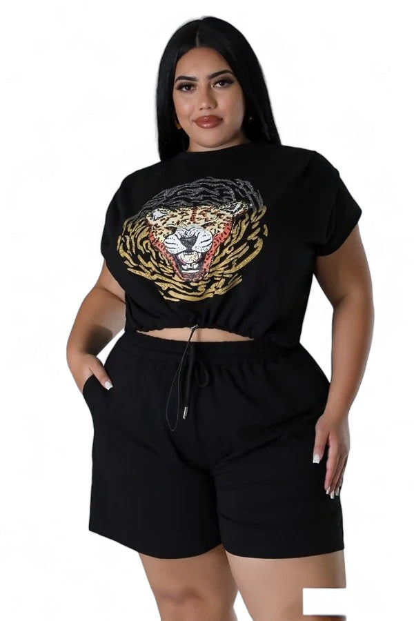 Curvy Two Piece Glitter Tiger Biker Short Set The House of Stylez