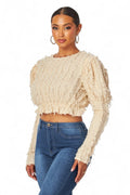 Alexandria Puff Long Sleeve Shaggy Peplum Crop Top The House of Stylez