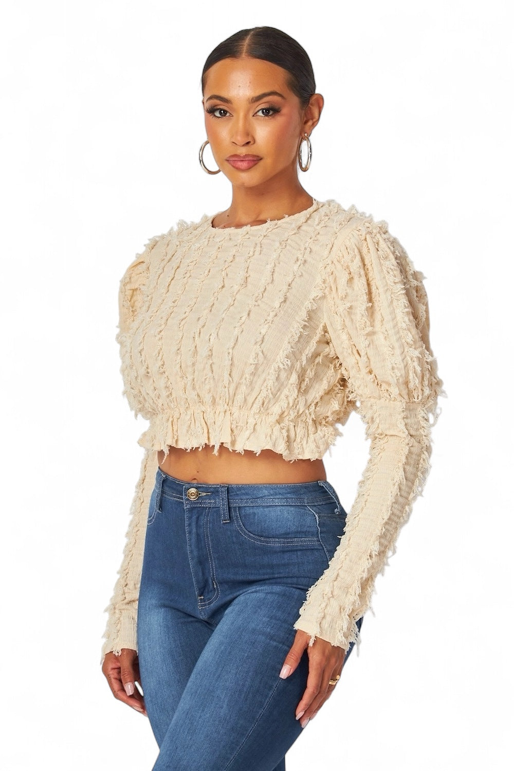 Alexandria Puff Long Sleeve Shaggy Peplum Crop Top The House of Stylez