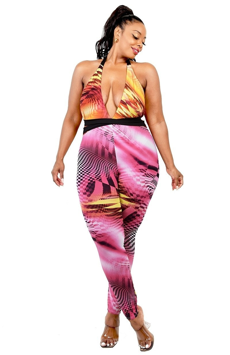 Plus Color Pattern Criss Cross Mock Neck Jumpsuit I am a Fashion Junky