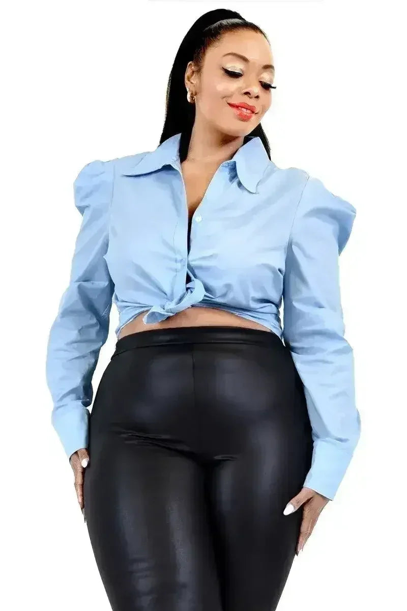 Plus Solid Poplin Puff Sleeve Shirt Femstylo