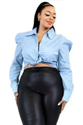 Plus Solid Poplin Puff Sleeve Shirt Femstylo