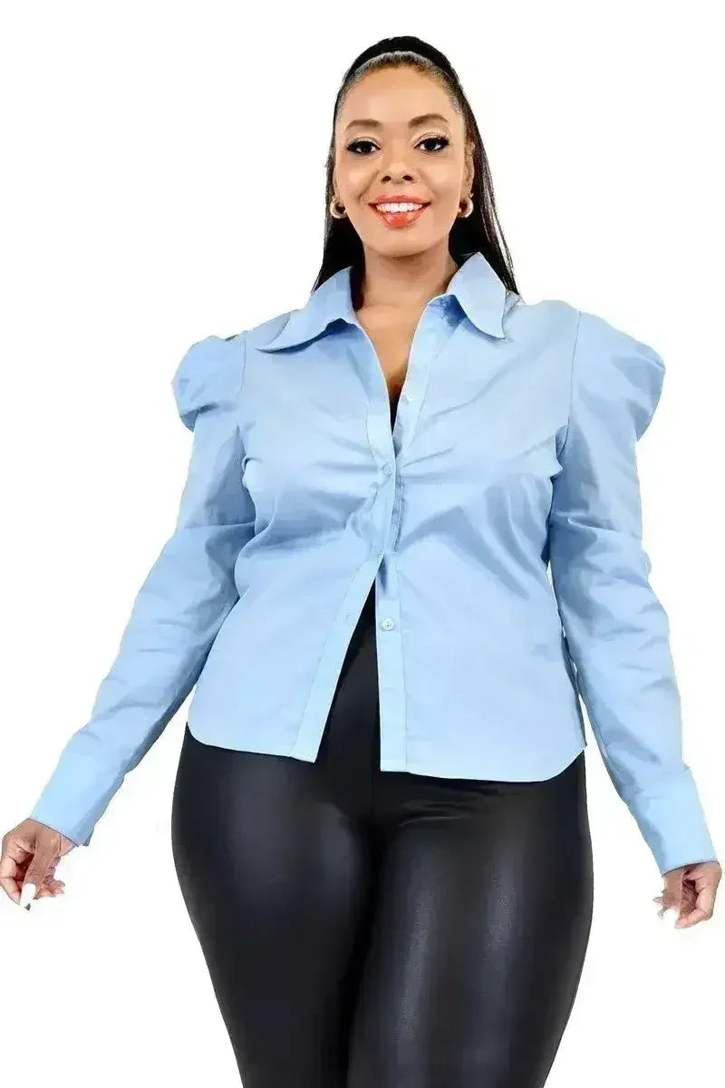Plus Solid Poplin Puff Sleeve Shirt Femstylo
