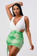 White Sleeveless Top With Detachable Rhinestone Cross Open Back With Bodycon Tie Dye Ruched Mini Dress I am a Fashion Junky