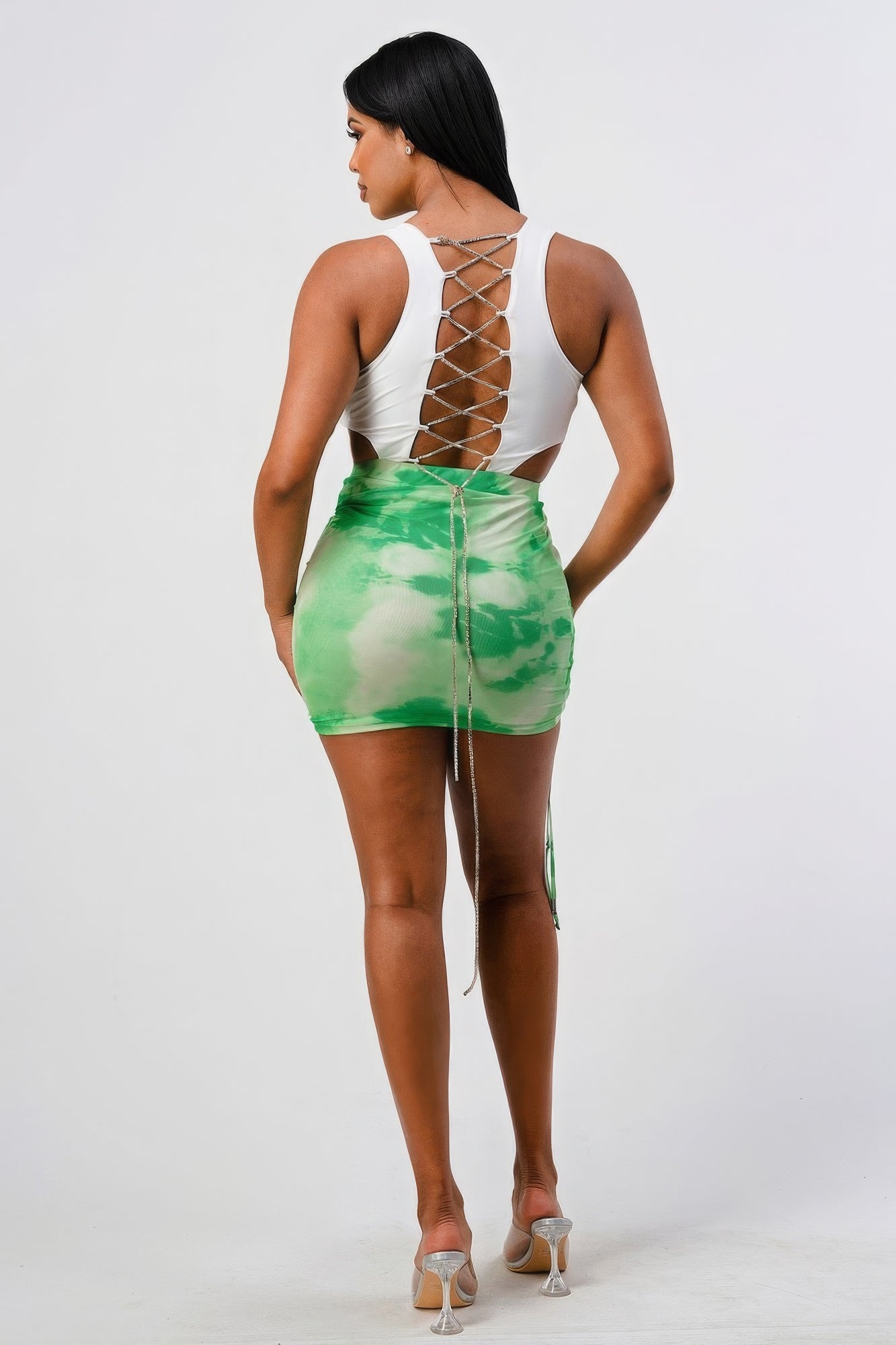 White Sleeveless Top With Detachable Rhinestone Cross Open Back With Bodycon Tie Dye Ruched Mini Dress I am a Fashion Junky
