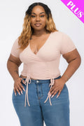 Ribbed Ruched Drawstring Surplice Top OyeraCharisma