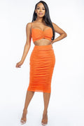 Solid Ruched Spaghetti Strap Tank Top And Midi Skirt Two Piece Set Selvanelle