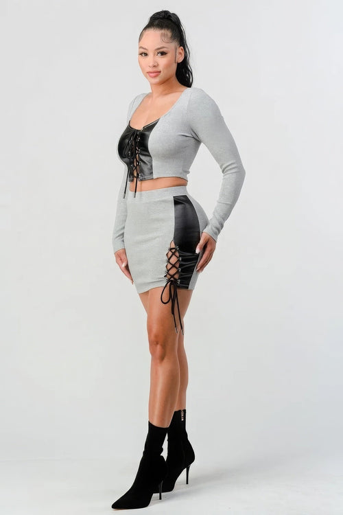 2 Piece Set With Cropped Long Sleeve Shirt With Pu Leather Detail Matching Mini Skirt Selvanelle