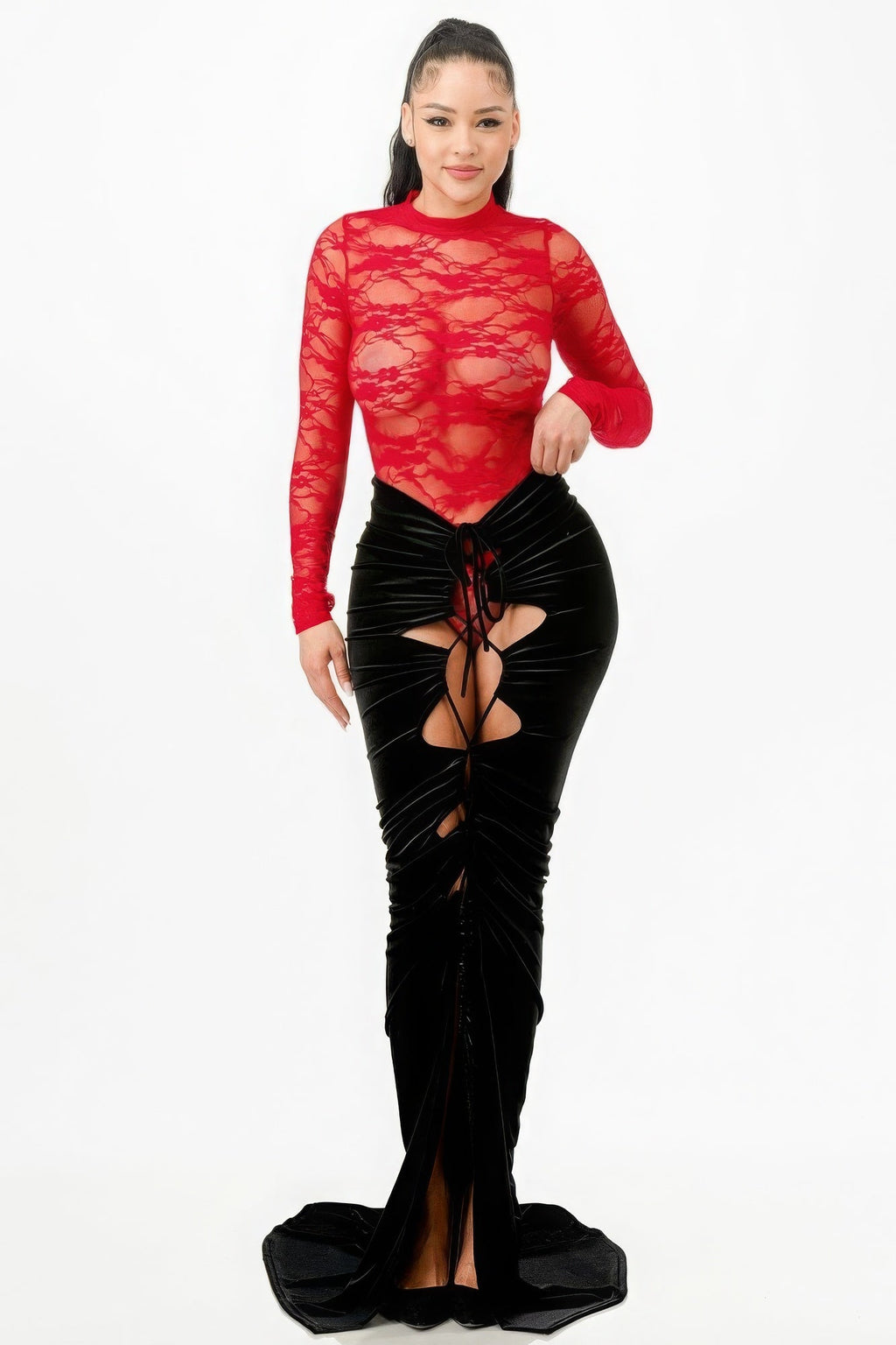 Women's 2-Piece Formal Knitted Overall Set - Sexy Lady Long-Sleeve Comfortable Nylon & Velvet Lace Bodysuit with Adjustable Elegance Statement Mermaid Skirt Selvanelle