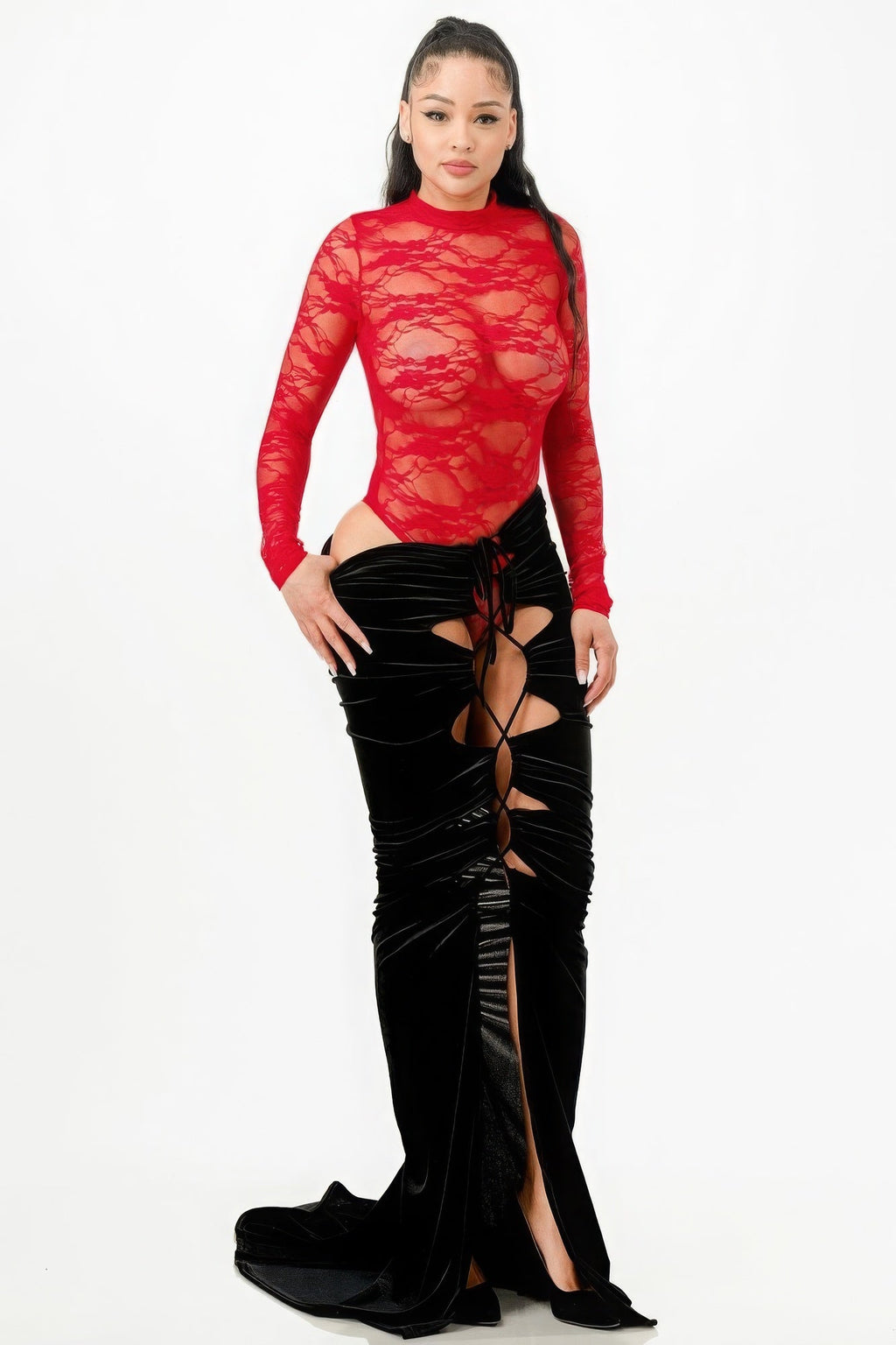 Women's 2-Piece Formal Knitted Overall Set - Sexy Lady Long-Sleeve Comfortable Nylon & Velvet Lace Bodysuit with Adjustable Elegance Statement Mermaid Skirt Selvanelle