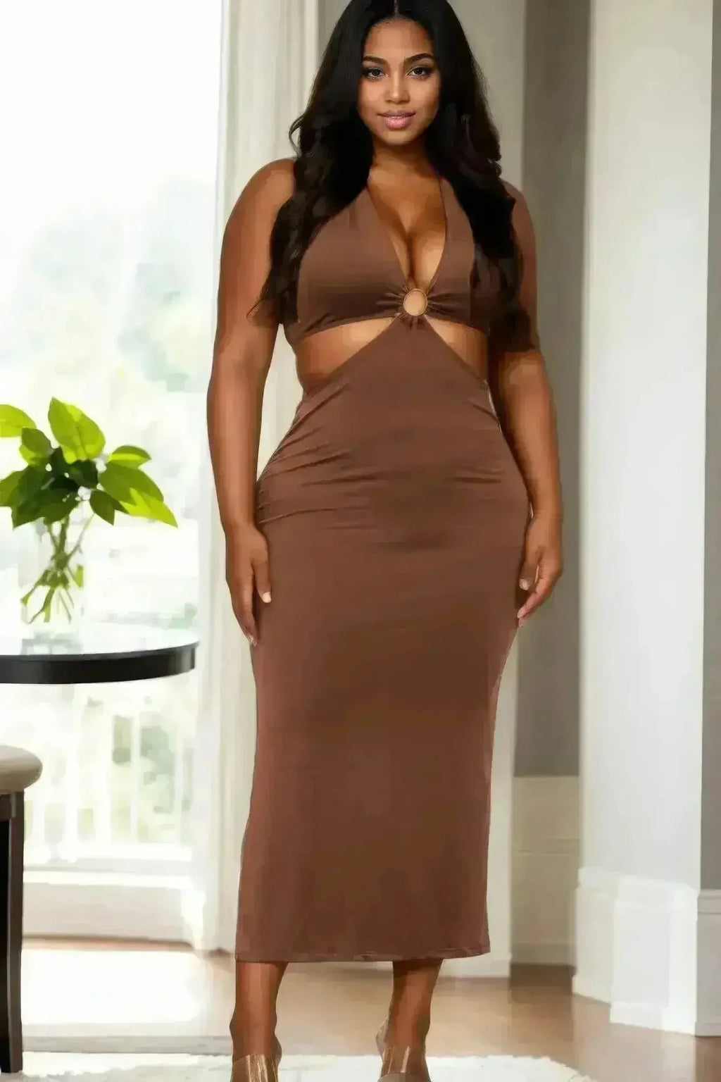 Plus Size Cut-out Halter Neck Double Back Tie Split Thigh Midi Dress Femstylo