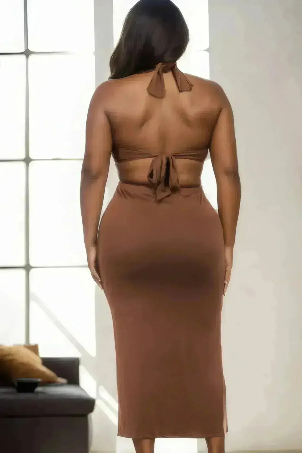 Plus Size Cut-out Halter Neck Double Back Tie Split Thigh Midi Dress Femstylo