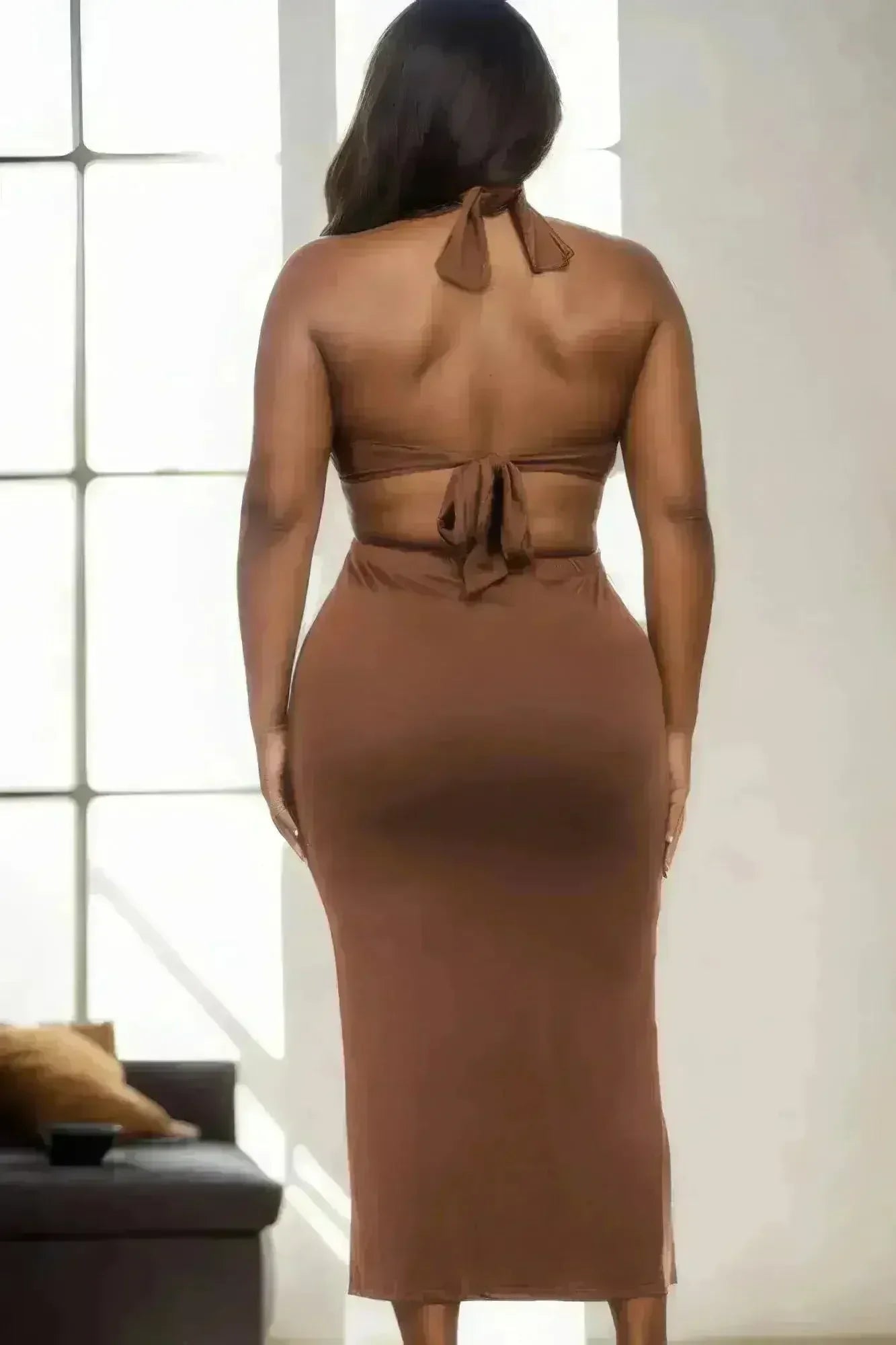 Plus Size Cut-out Halter Neck Double Back Tie Split Thigh Midi Dress Femstylo