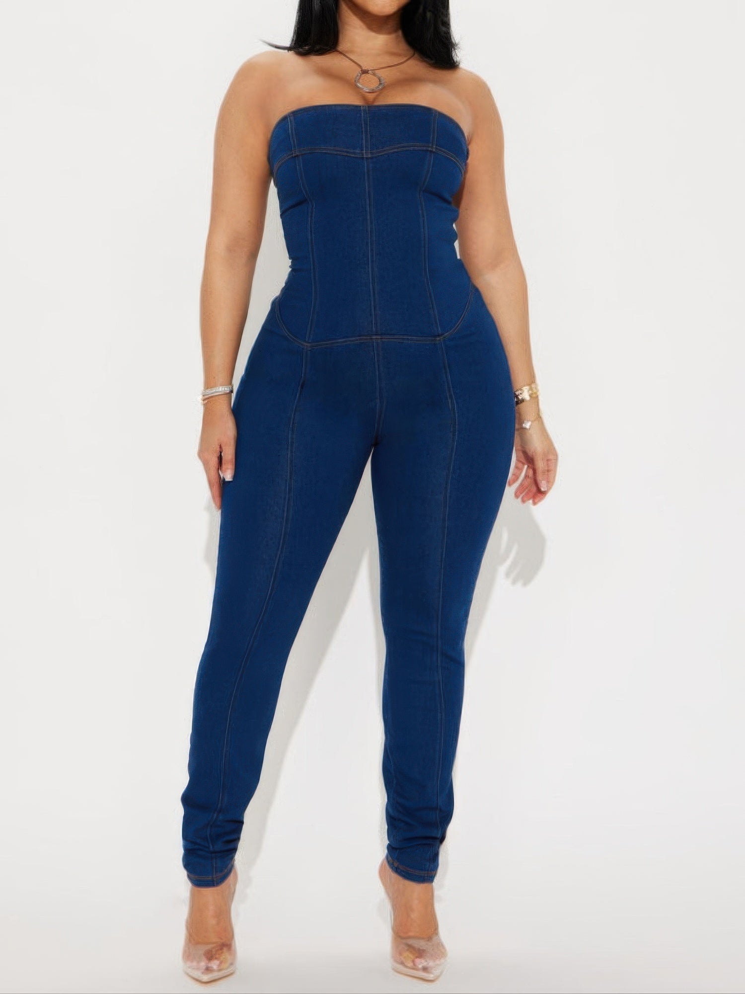 Strapless Denim Jumpsuit With Lace Up Back Selvanelle