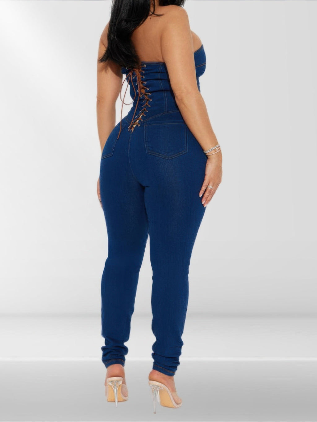Strapless Denim Jumpsuit With Lace Up Back Selvanelle